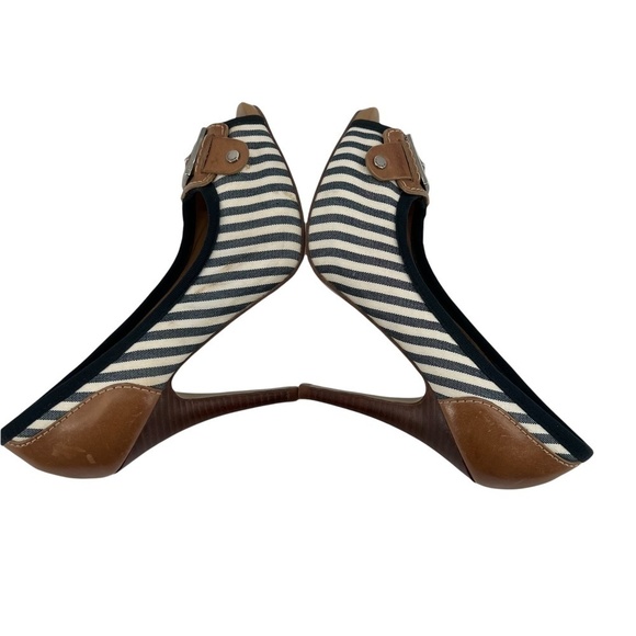 Gianni Bini Navy White Striped Peep Toe Buckle Heels Size 7 1/2 Women’s - Picture 6 of 14